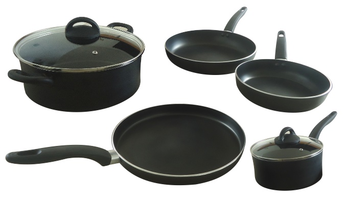 Batería Plus de cinco piezas - inluye Budinera de 26 cm con tapa de cristal, Sarteneta 28 cm, Sarten 26 cm, Sarten 20 cm y Cazo 20 cm con tapa de cristal
